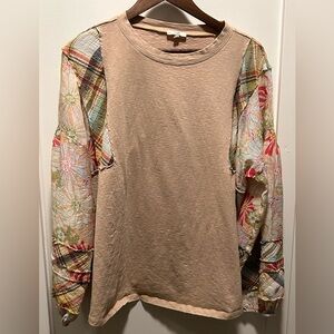 Easel Tan Long Sleeve Top with Floral Plaid Sleeves